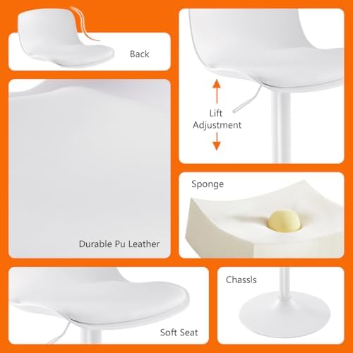 Kidol & Shellder Bar Stools Set of 2 Adjustable Swivel Counter Height Stools, Modern PU Leather Upholstered with Back Solid Color Barstools for Kitchen Island White