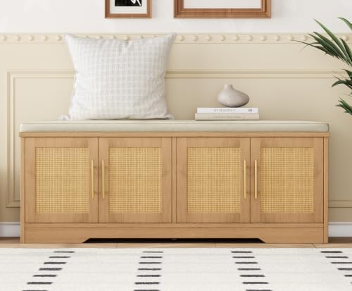 Rattan Shoe Storage Bench, 47.2" Wide Entryway Bench, Natural Oak