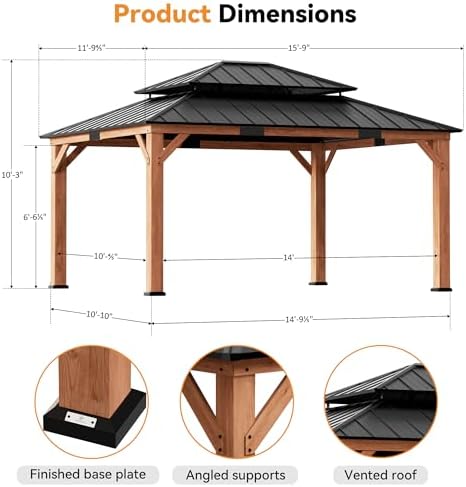 Modern Shade Wood Gazebo 12x16 with Double Galvanized Steel Roof