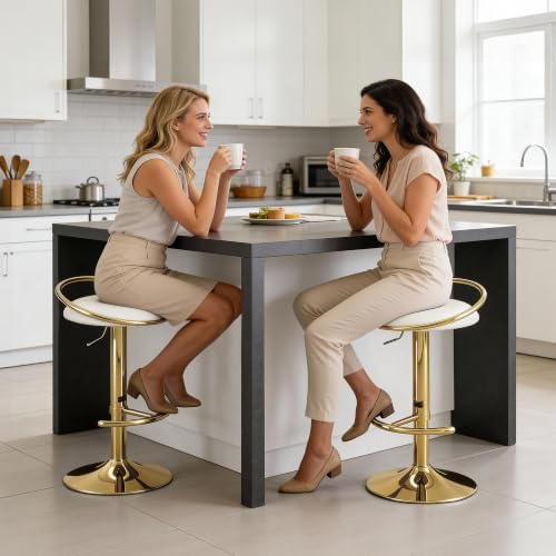 Bar Stools Set of 2, Adjustable Swivel Counter Stools with Upholstered Seat, PU Leather Counter Height Barstools for Bar, Kitchen Island, Dining Room, Gold