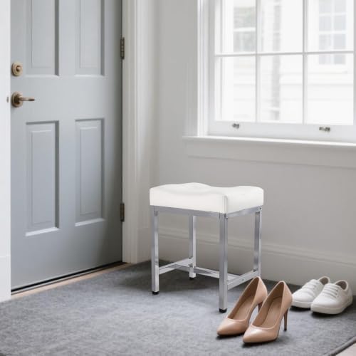 Saddle Seat Vanity Stool, Makeup Stool Chair with Metal Legs White&Silver