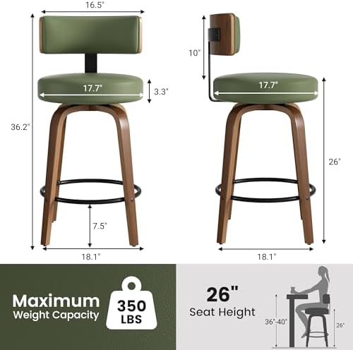 Swivel Bar Stools Set of 2, 26" Faux Leather Upholstered Counter Height Bar Stools with Back and Bentwood Legs, Mid Century Modern Bar Chairs Island Stools for Kitchen Counter, Green