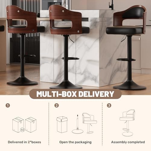 Nalupatio Modern Bar Stools Set of 3, Faux Leather Upholstered Swivel Bar Stools, Adjustable Counter Height Bar Chairs with Back for Kitchen Dining Room, Black
