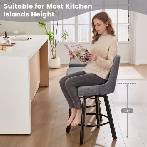 Swivel Bar Stools Set of 2,24" Upholstered Counter Height Bar Chairs with Back and Solid Wood Legs for Kitchen Island Fabric (Navy Blue)