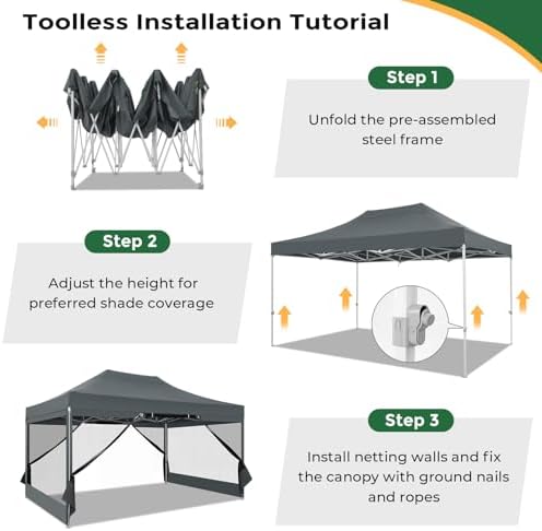COBIZI 10x15 Heavy Duty Pop Up Canopy with 4 Mosquito Net Sidewalls, Gray