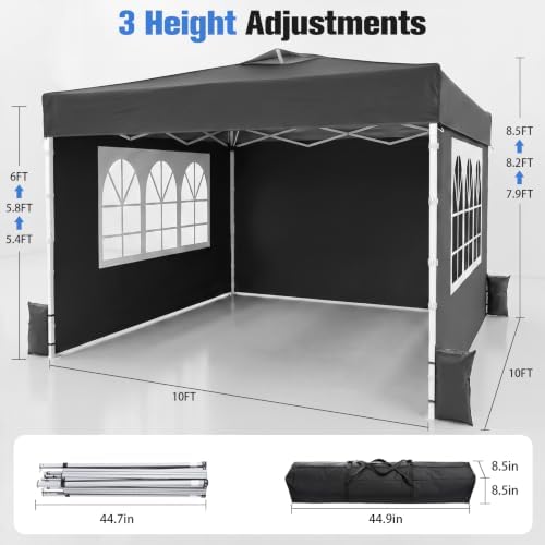 10x10 Pop Up Canopy Tent with One Push Setup, 3 Adjustable Heights, Black