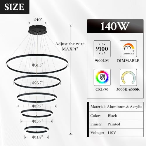 5-Rings D31.5in Modern LED Chandelier Black Dimmable High Ceiling Chandeliers Foyer with Remote Control for Entryway Living Room Dining Room Staircase, 3000K-6500K