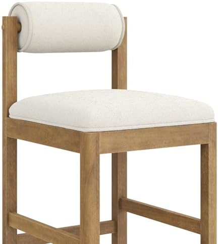 Nathan James Kimberly Modern Counter Stool with Solid Wood Legs, Boucle Upholstered Counter Height Stool with Bolster Back, Cream Boucle/Light Brown