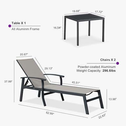 PURPLE LEAF Outdoor Chaise Lounge Chairs Set of 2 Aluminum Frame, Khaki