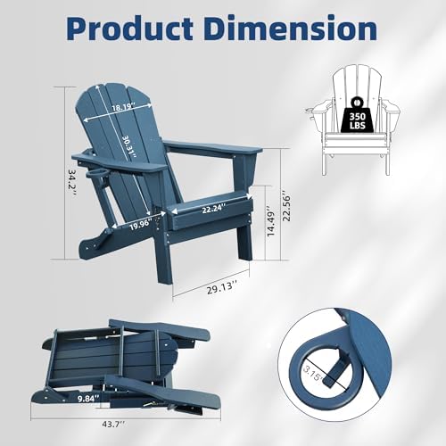 Domi Outdoor Adirondack Chair Set of 2 with Cup Holder, HDPE, Navy Blue