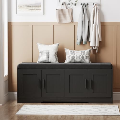 Homleke Shoe Storage Bench, 4 Doors & Thickened Padded Seat Cushion