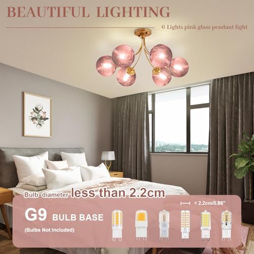 6-Light Pink Chandelier, Glass Globes Flush Mount Ceiling Light
