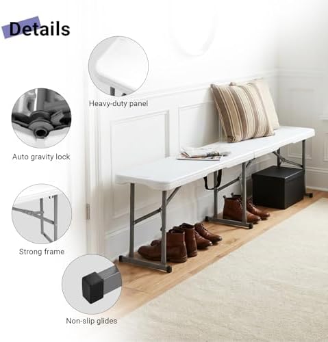 Byliable Folding Bench 6ft,Portable Plastic Bench Seat with Handle,White