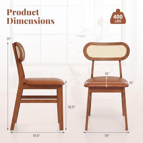 GOFLAME Wooden Dining Chairs Set of 4, Mid-Century Modern Kitchen Chairs with Upholstered Seat & Rattan Backrest, Faux Leather Cover, Armless Side Chairs for Kitchen, Dining Room, Restaurant, Espresso