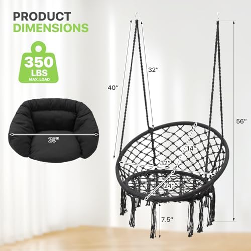 Magshion Macrame Hanging Hammock Chair with Cozy Full Cushion, Black