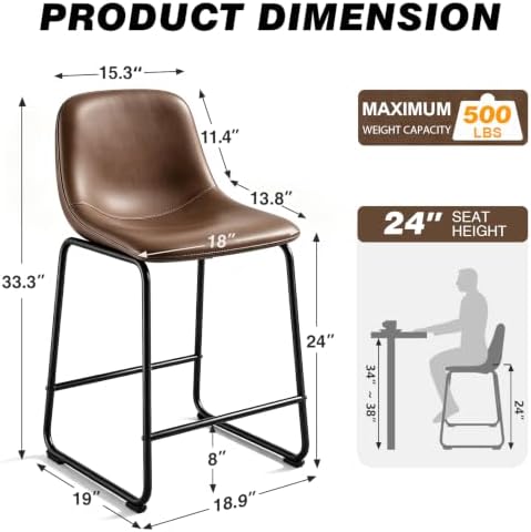 TAVR 24 inch Counter Height Stools Set of 3, Hold up to 500 lbs, Brown