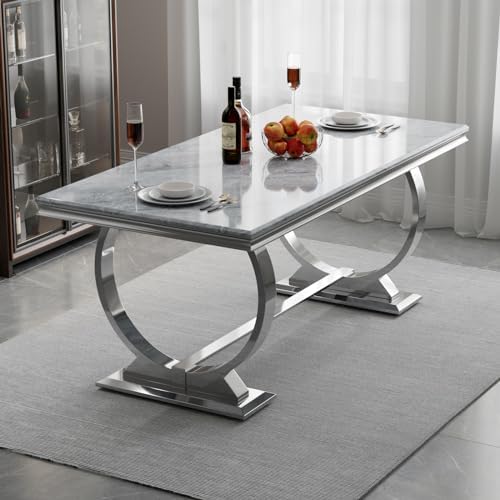 Dining Table, 70" Rectangular Modern Kitchen and Dining Room Table with Silver U-Base in Grey Silver