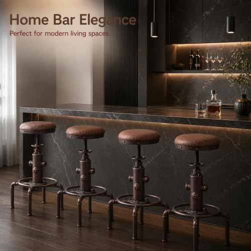 Topower Antique Vintage Industrial Barstool PU Leather Water Pipe Fire Hydrant Design Cafe Coffee Industrial Bar Stool Set of 2 Red Bronze