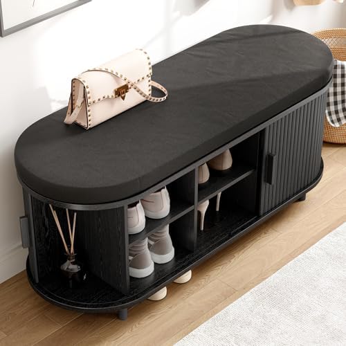 ONBRILL 43" Shoe Bench with Storage, Fluted Shoe Storage Bench, Black
