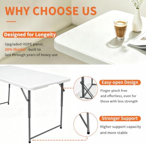 Folding Table 4 Foot, Heavy Duty Adjustable Height Folding Card Table Portable Plastic Foldable Utility Table Indoor Outdoor for Camping, Picnic, Dining and Party, White