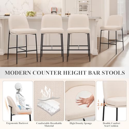 COLAMY Counter Height Bar Stools Set of 4, 25 Inch Modern Fabric Kitchen Island Stools with Back, Upholstered Counter Barstools Armless Bar Chairs with Metal Legs for Island Dining Room Bar, Beige