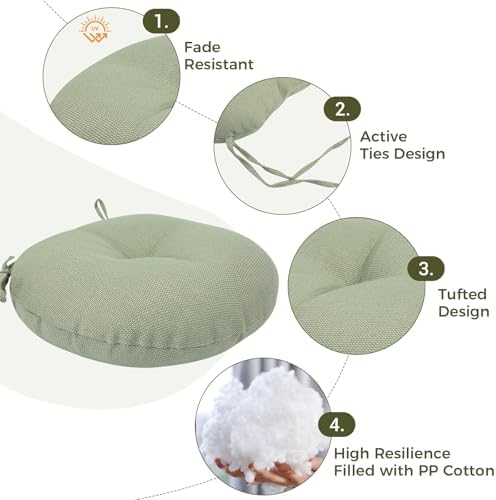 Outdoor Bistro Chair Cushion Set of 2, Waterproof Tufted Round Seat Cushion with Ties, 15"x15"x4" Patio Furniture Chair Pads for Home Garden Balcony Office-Light Green