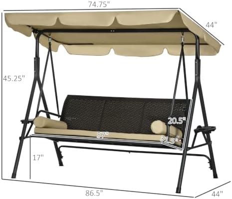 Outsunny 3-Seat Patio Swing Chair Swing Bench Adjustable Shade Rattan Seat