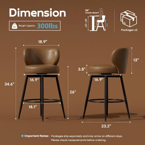 26" Brown Bar Stools Set of 4, Swivel Kitchen Island Chairs