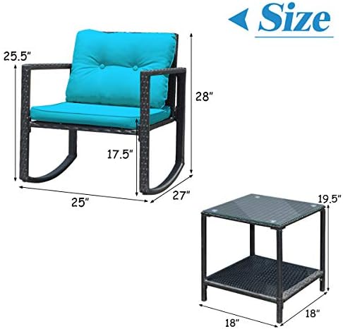 Tangkula 3 Pieces Patio Wicker Rocking Bistro Set, Outdoor Rocking Chair Furniture Set w/Cushioned Seat, Conversation Set w/Glass Coffee Table and Storage Shelf (Turquoise)