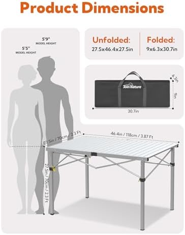 Join Nature 46.4" Large Camping Table for 2-6 People, Heavy Duty Foldable
