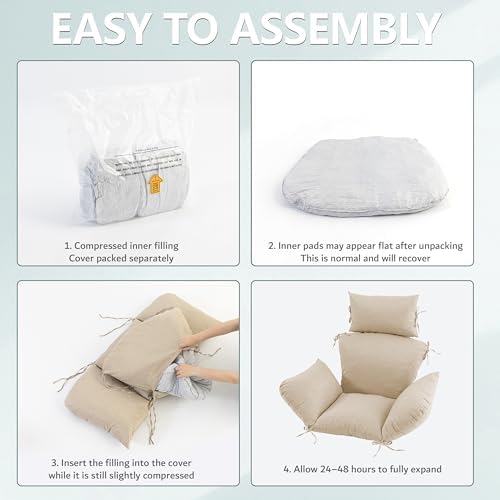 Egg Chair Cushion with 8 Securing Straps, Water-Repellent & Fade-Resistant Faux Linen, Removable Cover, Replacement Cushion for Most Single Outdoor Hanging Swing Egg Chairs – Beige