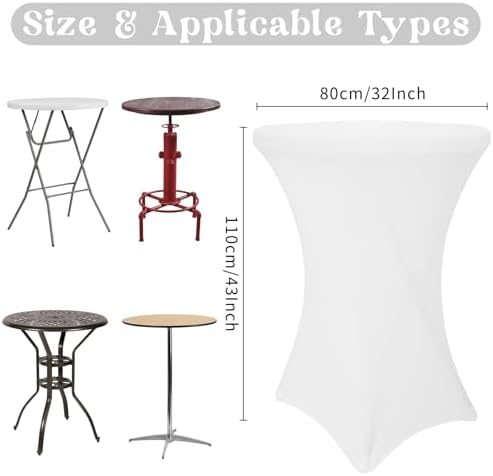 HAISIWLKJ 8 Pack Cocktail Table Covers 32x43 Inch Fitted Stretch Spandex Square Corners White Table Cover High Top Cocktail Round Tablecloth for Party, Wedding, Birthday, Banquet(White)