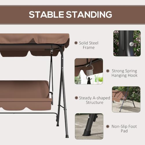 Outsunny 3-Person Porch Swing w/Stand Adjustable Tilt Canopy, Brown