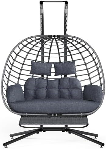 SWITTE Double Egg Chair Outdoor with Stand & Footrest, Patio Swing, Gray