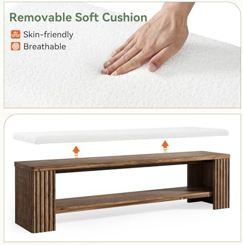 63" Solid Wood Entryway Bench, Farmhouse Upholstered End of Bed Bench with Removable Faux Lambswool Cushion and Fluted Legs, Indoor Long Ottoman for Bedroom, Entryway, Dark Brown
