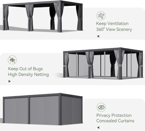 Aoxun Louvered Pergola 12x20 All-Aluminum, String Lights,Curtains & Netting