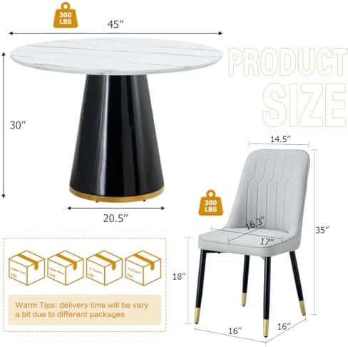 Round Dining Table Set for 6, 45" Round Wooden Dining Set with Cushioned Chairs, White Round Table and Chair Set for Kitchen