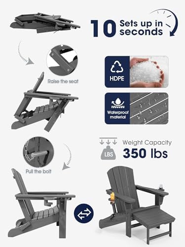KINGYES Adjustable Folding Adirondack Chairs with Footrest & 2 Cup, HDPE Recliner Adirondack Chair with Ottoman, Grey