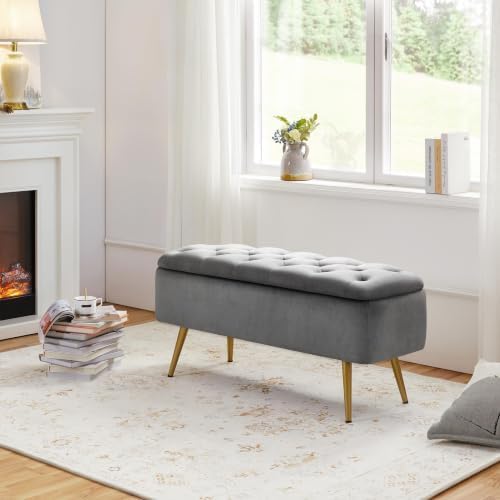 Yaheetech Storage Ottoman Bench for Bedroom, Velvet End of Bed Bench, Gray