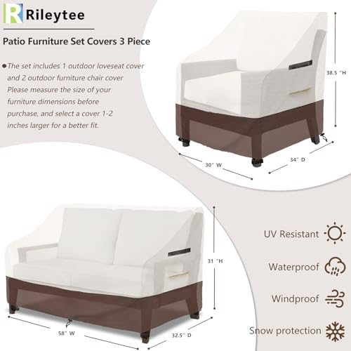 Rileytee Patio Furniture Set Covers Waterproof 3Pcs,Beige&Brown,Small