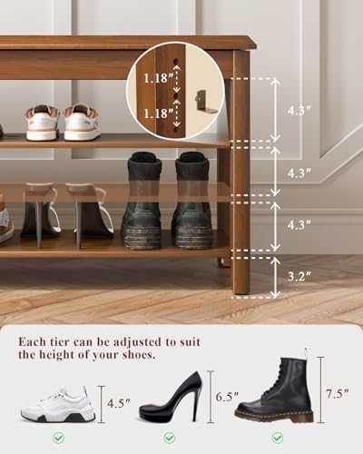 IUNVR Shoe Rack Bench Seat Rubberwood 3-Tier Wooden Storage Bench 550lbs Compact Mid-Century Modern Design for Entryway, Hallway, Closet, Front Door Entrance, Foyer