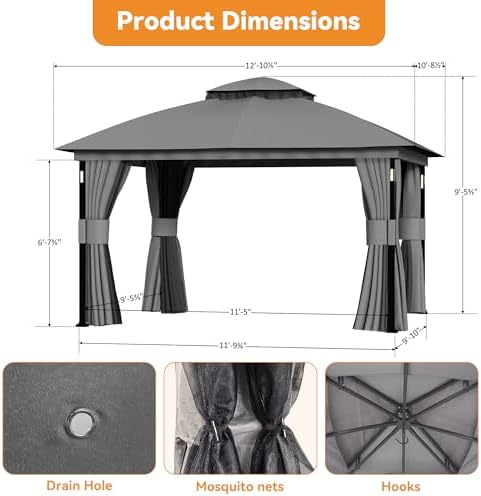 Covered Outdoor Patio Gazebo 11'x13' with LED Lights & Bluetooth Speaker