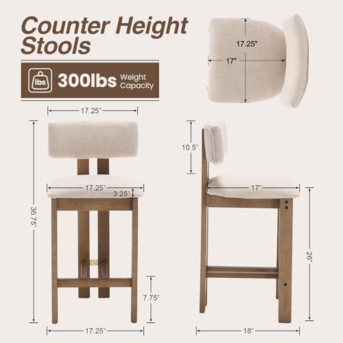 HNY 26’’ Tall Farmhouse Bar Stools Set of 2, Modern Counter Stools with Backs Beige Linen Upholstered Bar Height Chairs with Natural Hardwood Frame, Counter Height Wood Barstools for Kitchen Island