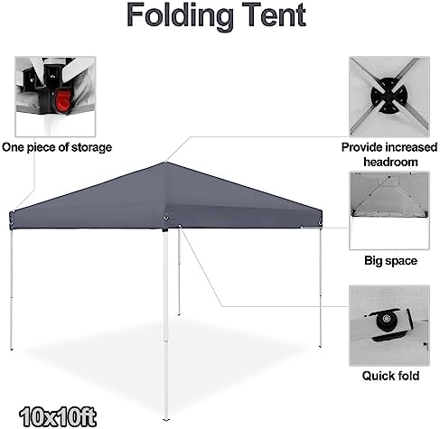 LEMY 10 x 10 FT Pop-Up Foldable Canopy Tent Pre-Assembled Adjustable Lightweight Heights Instant Waterproof Shelter with Wheeled Carry Bag (Grey)