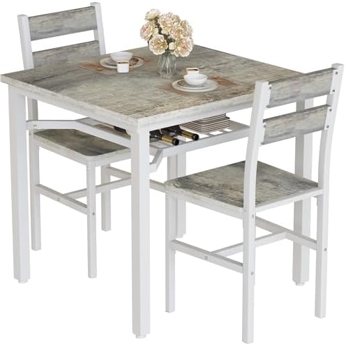 Hooseng 3 Piece Dining Table Set for 2, Small Wooden Kitchen Table with Storage, Farmhouse Square Dinette Set for Dining Room, Breakfast Nook, Apartment, Small Space