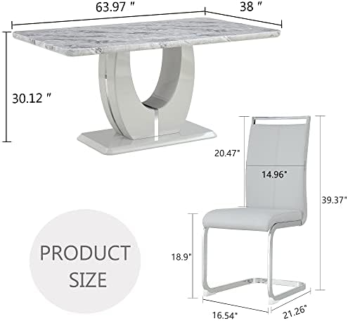 JUFU 7 Piece Dining Table Set for 6, 63 Inch Faux Marble Rectangular Kitchen Table and Chairs Set, Modern Dining Room Table Set with U-Shaped Pedestal Base & 6 Light Gray PU Leather Cantilever Chairs