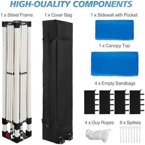 WEIZE 10x10 Pop Up Canopy Tent, 1-Button Push Setup Canopy Tent with 1 Sidewall, Adjustable Height Instant Portable Shelter,Portable Roller Bag, Easy Outdoor Sun Shade for Events,4 Weight Bags,Blue