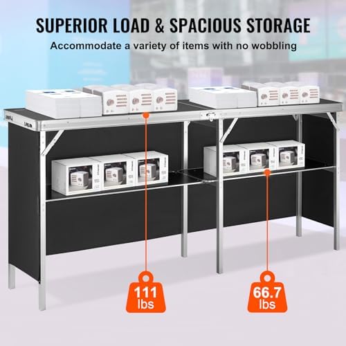 VEVOR Extra Long Folding Portable Bar Tradeshow Podium Table for Indoor, Outdoor, Party, Picnic, Exhibition, Includes Carrying Case, Storage Shelf and Black Skirt, 77.95" x 15.16" x 34.65"