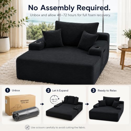 67" Oversized Chaise Lounge Chair Indoor, Corduroy Cloud Couch with 3 Pillows, Deep Seat Sleeper Sofa, No Assembly Required, Comfy Reading Chair for Living Room/Bedroom (Black)