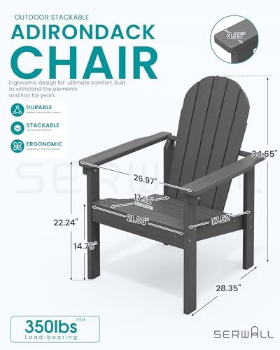 SERWALL HDPE Stackable Adirondack Chairs Set of 2,Space-Saving, Grey